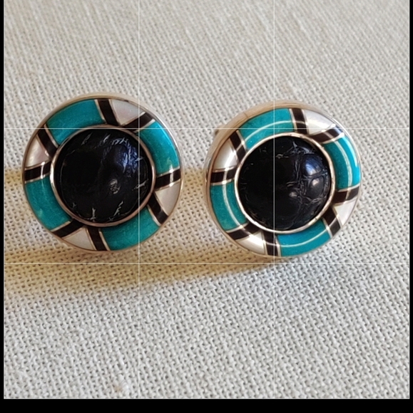 Vintage STERLING artisan made onyx and turquoise cuff links - Picture 3 of 8